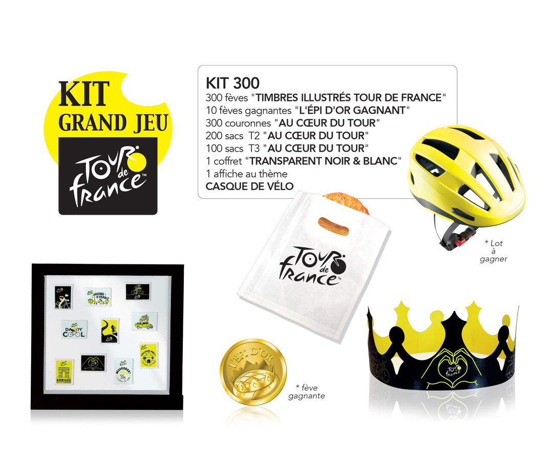 Kit jeu et animation fèves Tour de France avec casque à gagner nouveauté Alcara pour la galette des Rois Ambiance magasin boulangerie pour l'Épiphanie 2024