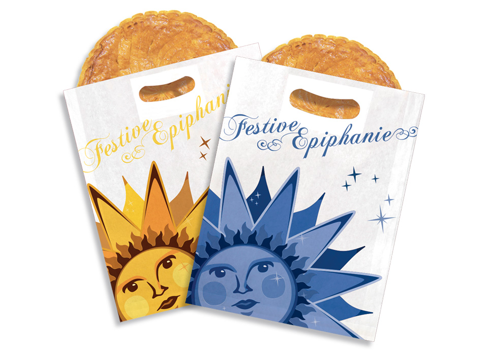 Les nouveaux sacs à galettes Soleil avec tous les nouveaux accessoires Alcara pour l'Épiphanie 2027 des boulangers et pâtissiers.